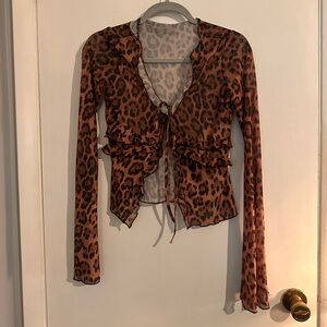 SHEIN Leopard Print Ruffle Tie Blouse